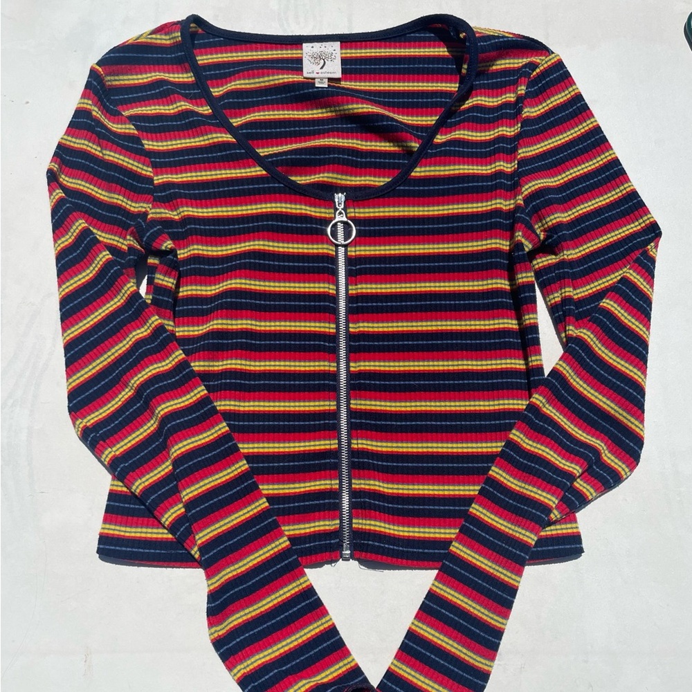 Self Esteem Navy Red Yellow Striped Zip-Front Long Sleeve Top